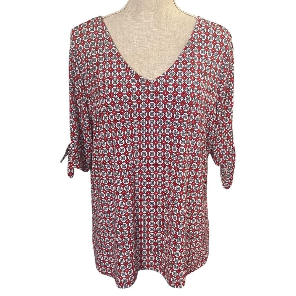 Liz Claiborne, Large, Slit Sleeve V Neck Pullover Top, Red White & Lavender NWOT